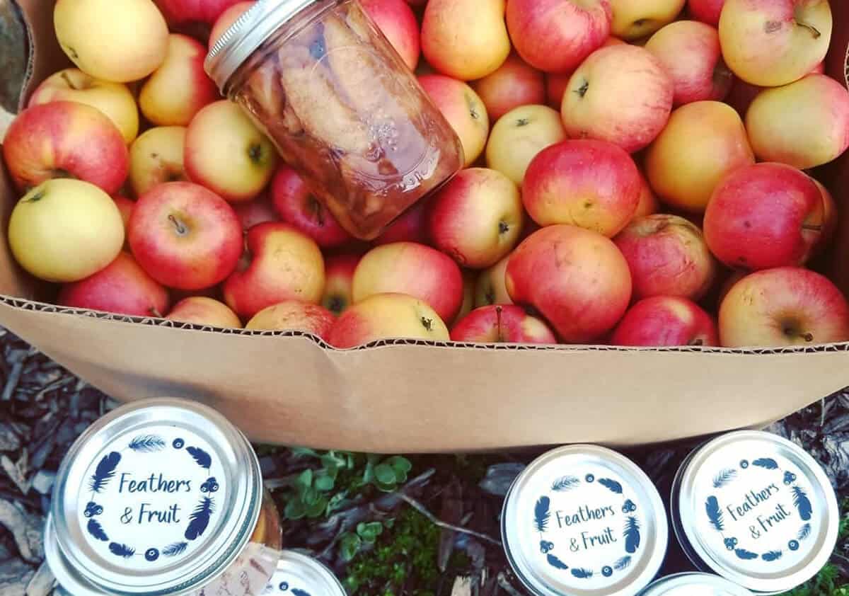 Basket of apples with jar of canned apples